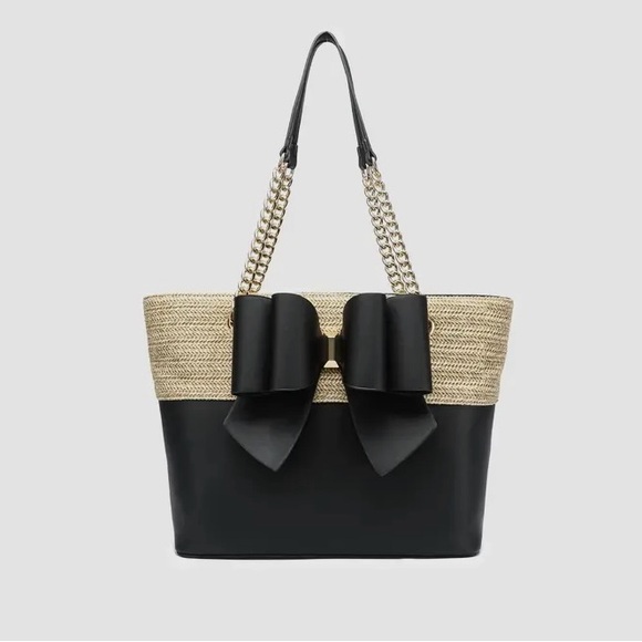Black Straw with Bow Tote Bag - Picture 2 of 3